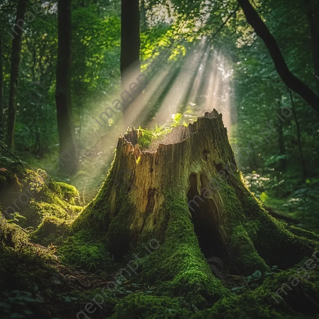 Hollow tree stump surrounded by moss with sunlight filtering through trees - Image 2