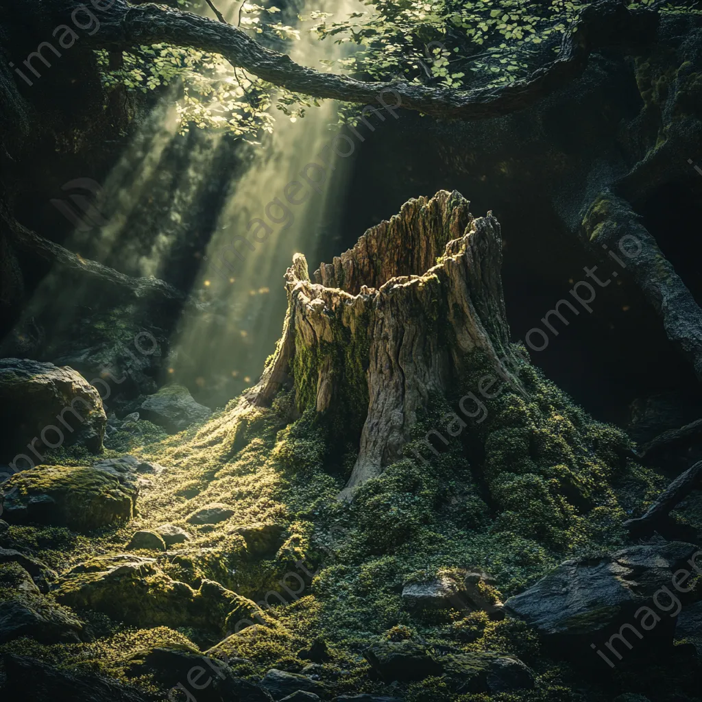 Hollow tree stump surrounded by moss with sunlight filtering through trees - Image 3