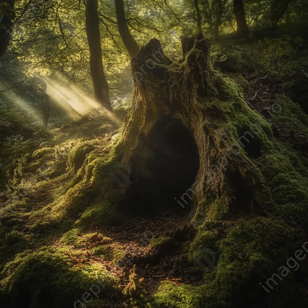 Hollow tree stump surrounded by moss with sunlight filtering through trees - Image 4