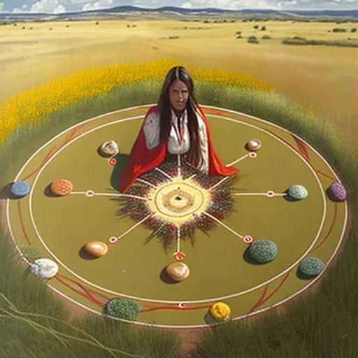 Mystic Native American medicine wheel with sacred stones in the open plains - Image 1