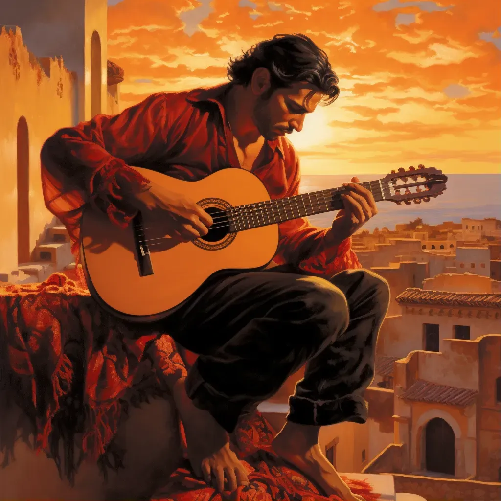 Flamenco guitarist performing passionately in a Spanish sunset - Image 1