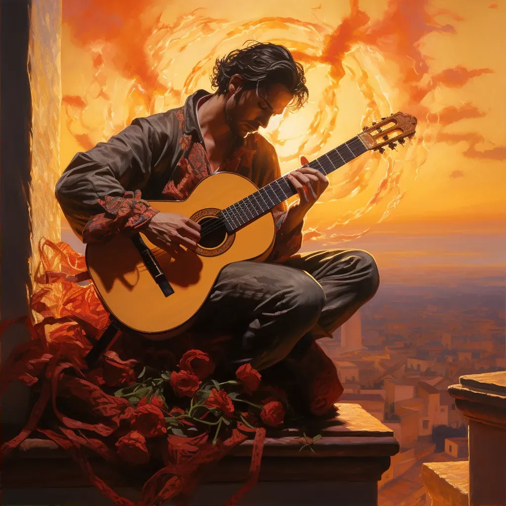 Flamenco guitarist performing passionately in a Spanish sunset - Image 2