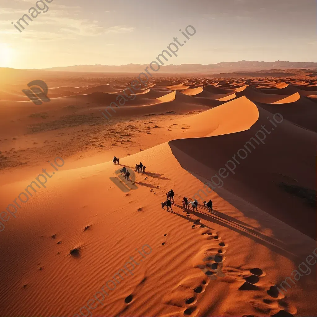 Aerial view of desert landscape with sand dunes and camel caravan - Image 1