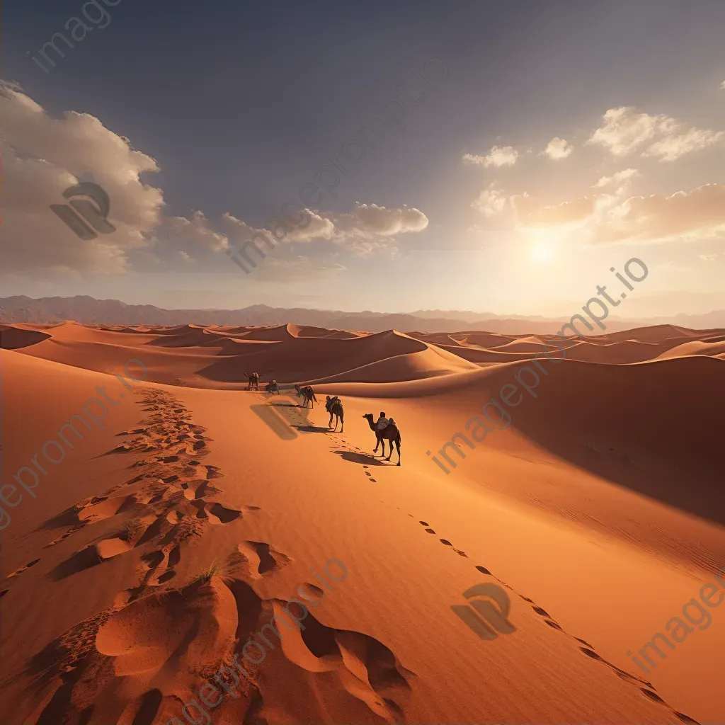 Aerial view of desert landscape with sand dunes and camel caravan - Image 2