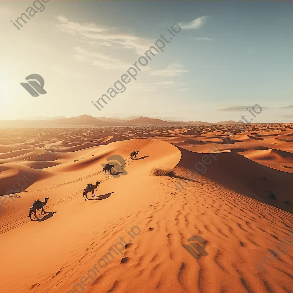 Aerial view of desert landscape with sand dunes and camel caravan - Image 3