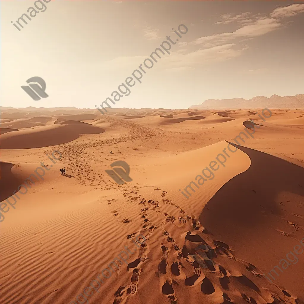 Aerial view of desert landscape with sand dunes and camel caravan - Image 4