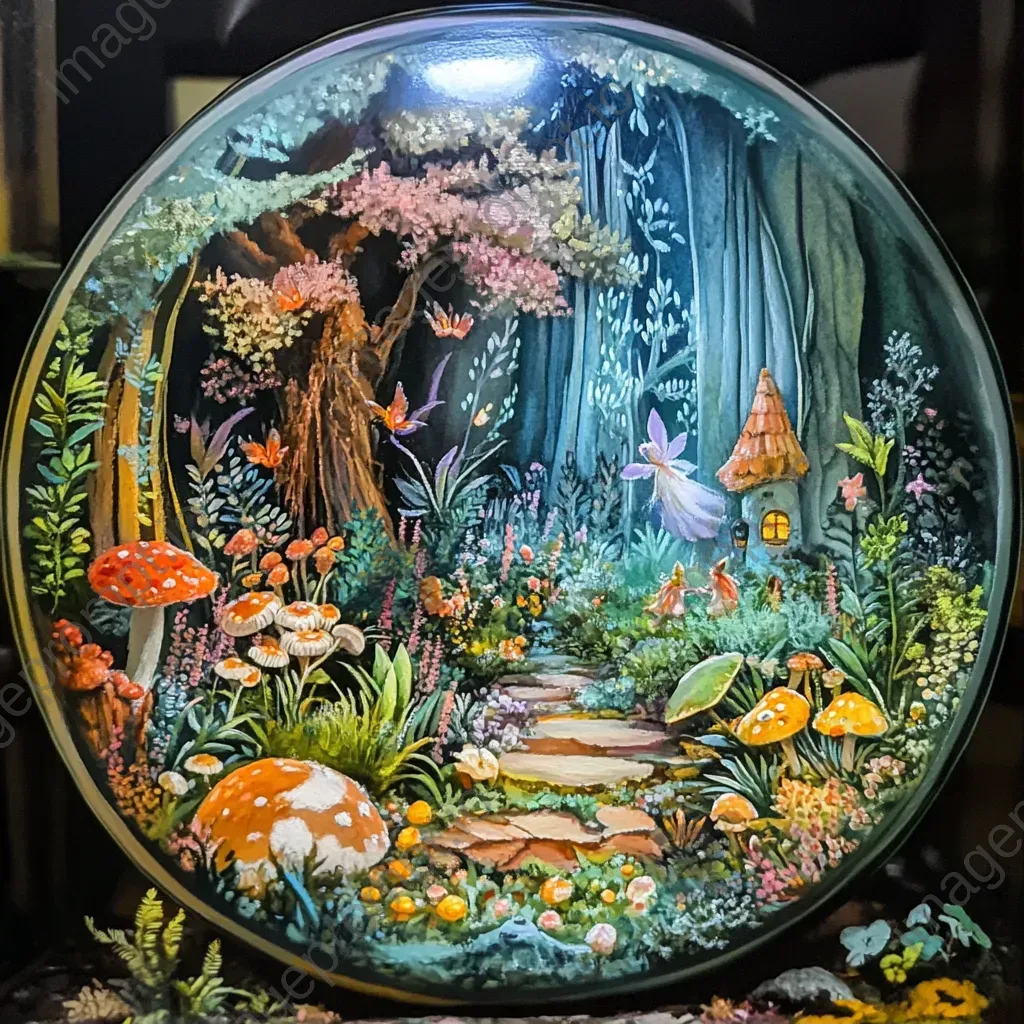 A vibrant scene of a whimsical terrarium with elusive fairies - Image 1