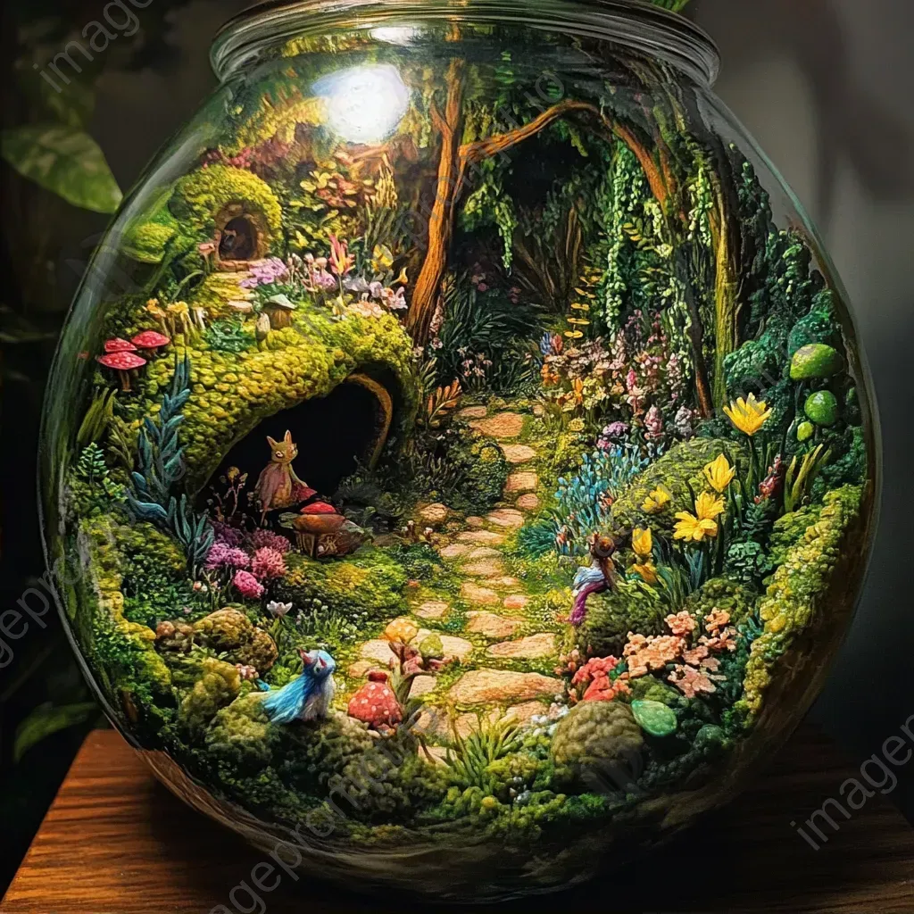 A vibrant scene of a whimsical terrarium with elusive fairies - Image 2