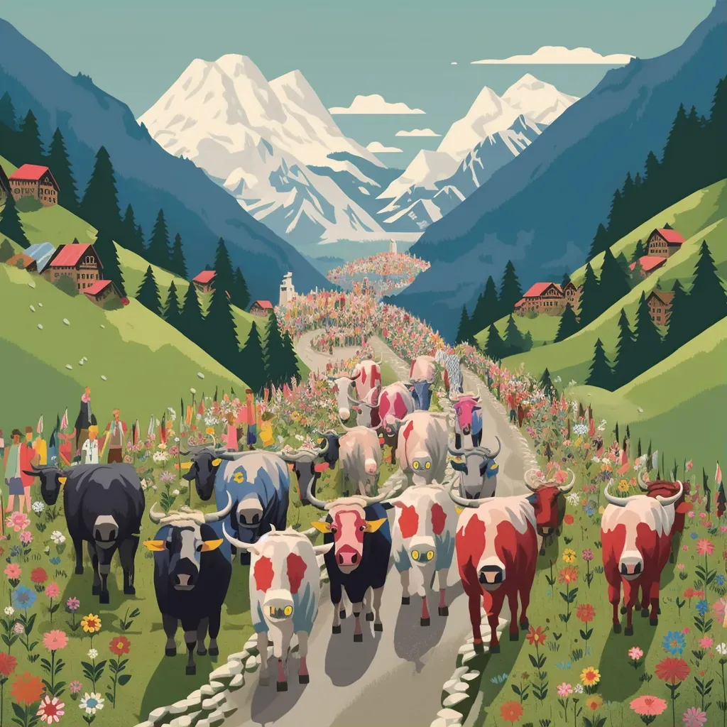 Illustration of a traditional Swiss cow parade with cows decorated with flowers and bells being led down a mountain path - Image 1