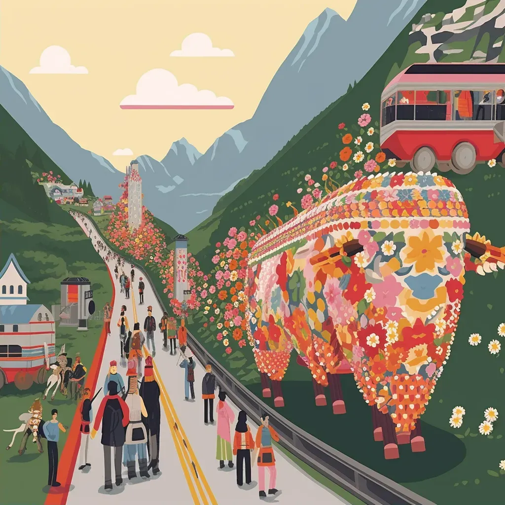 Illustration of a traditional Swiss cow parade with cows decorated with flowers and bells being led down a mountain path - Image 2