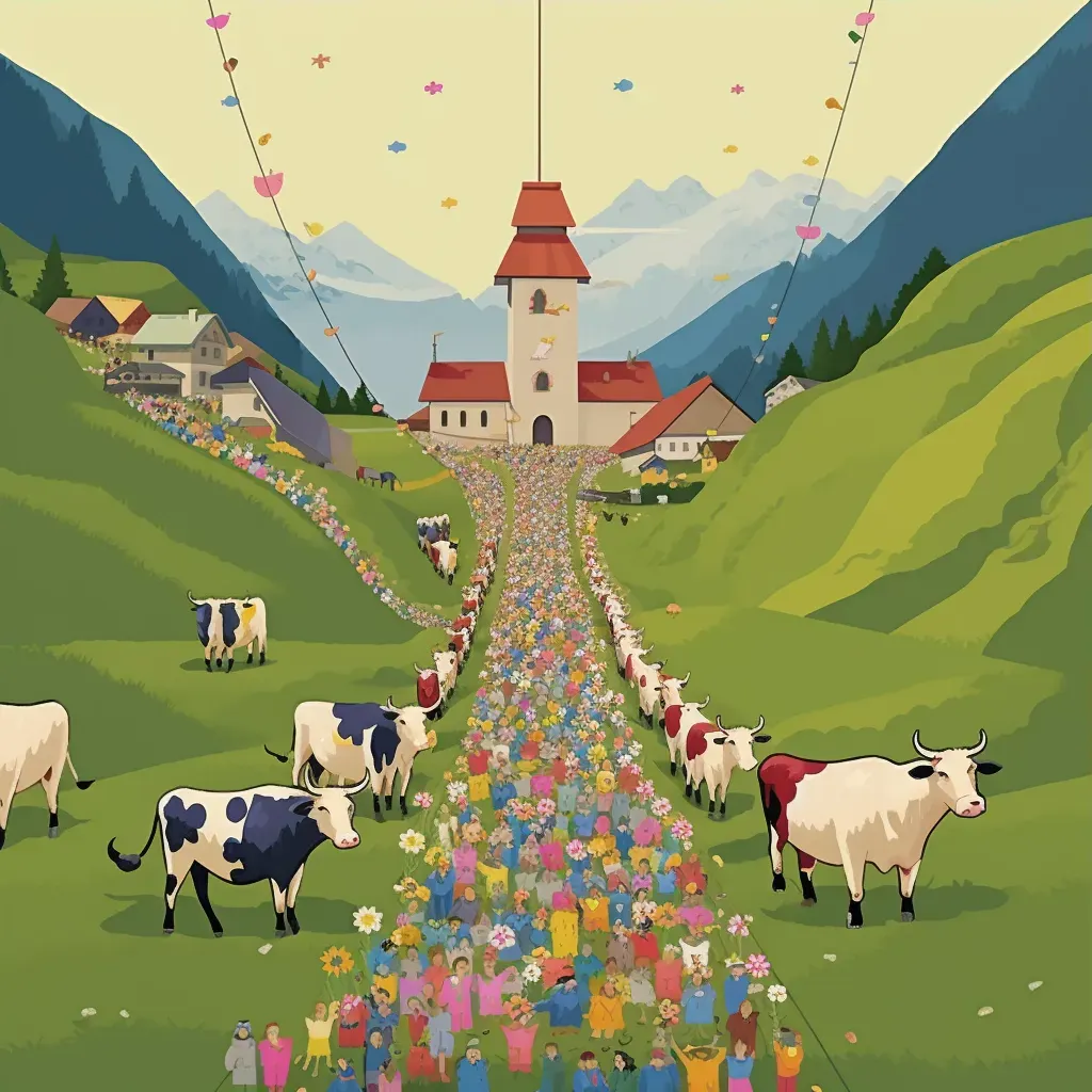 Illustration of a traditional Swiss cow parade with cows decorated with flowers and bells being led down a mountain path - Image 3