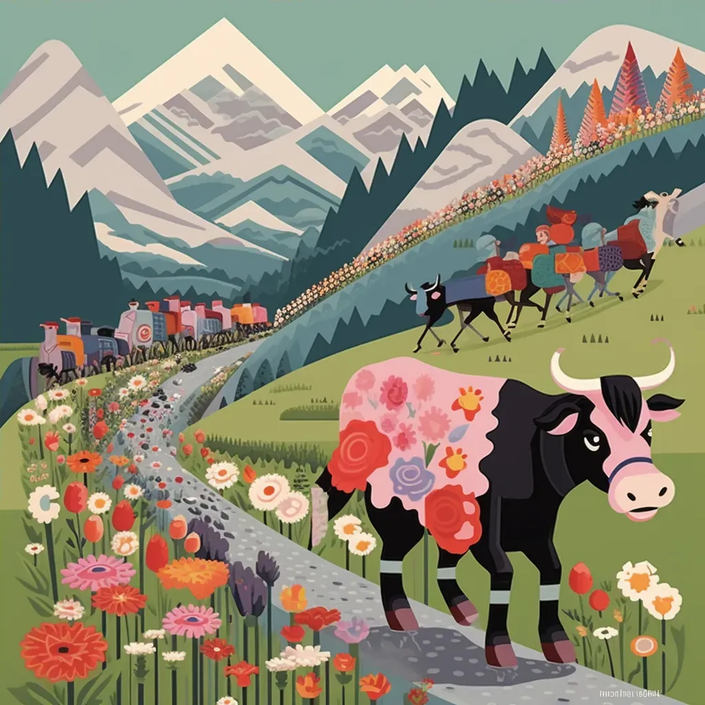 Illustration of a traditional Swiss cow parade with cows decorated with flowers and bells being led down a mountain path - Image 4