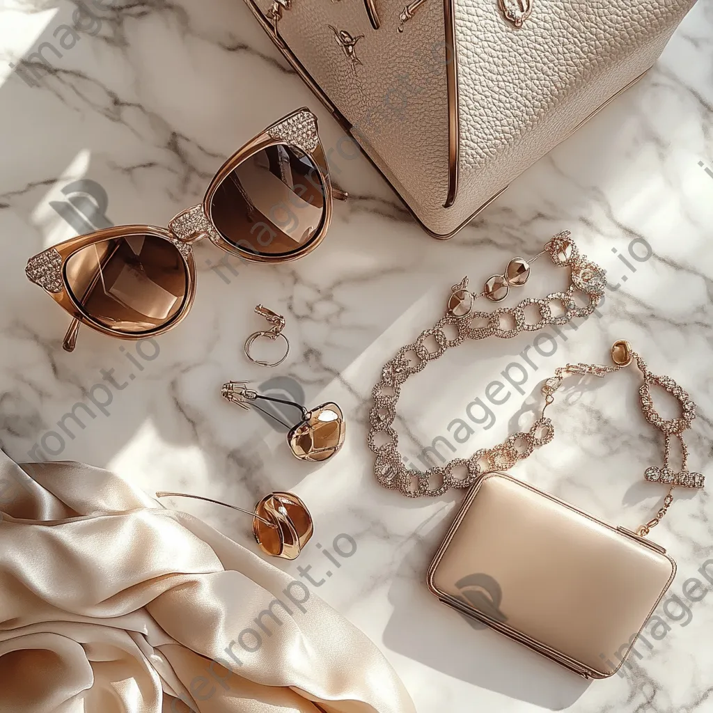 Flat lay of luxury designer accessories on a marble surface - Image 1