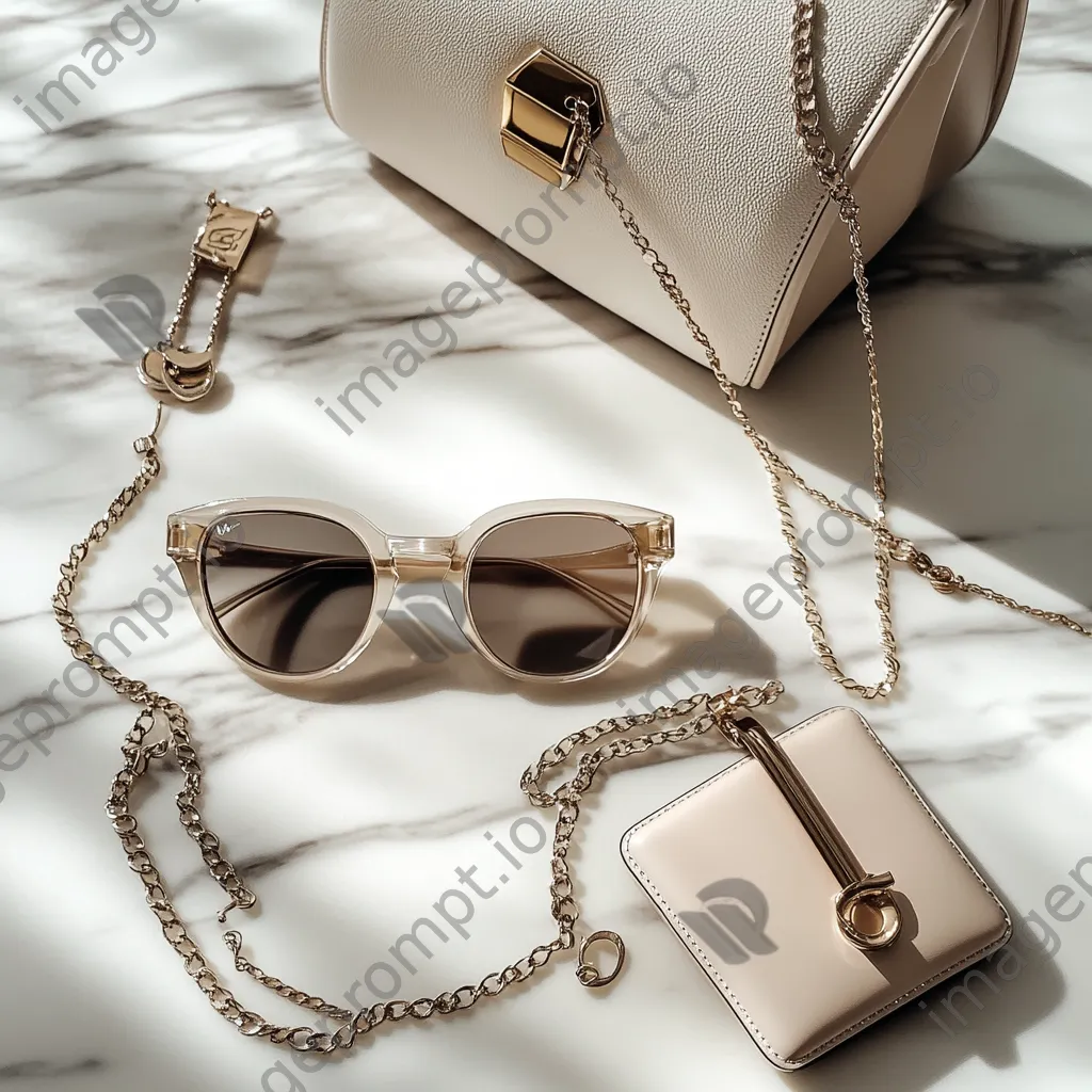 Flat lay of luxury designer accessories on a marble surface - Image 2