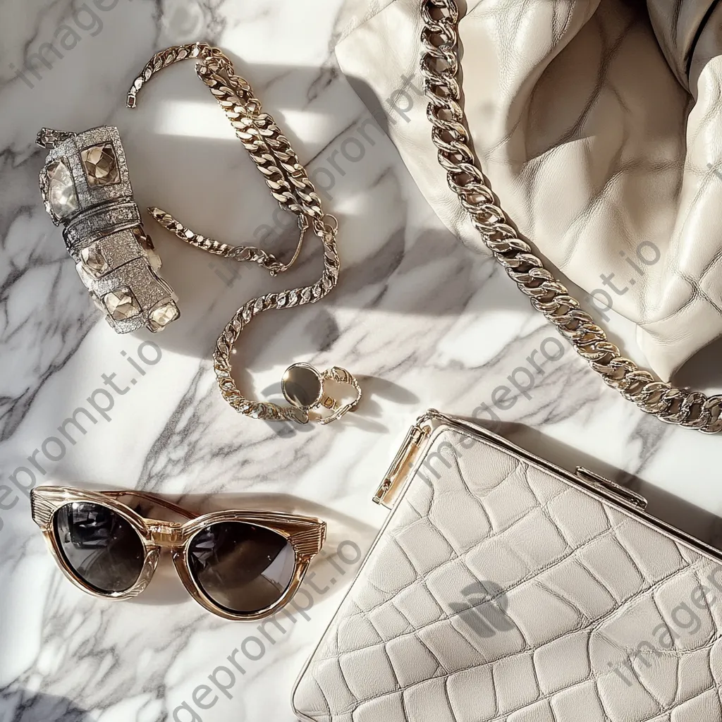 Flat lay of luxury designer accessories on a marble surface - Image 3