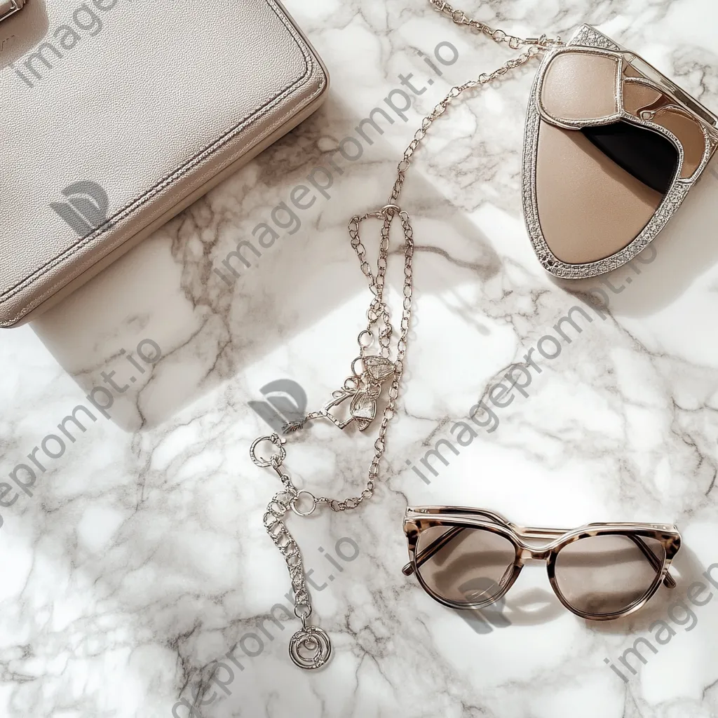 Flat lay of luxury designer accessories on a marble surface - Image 4