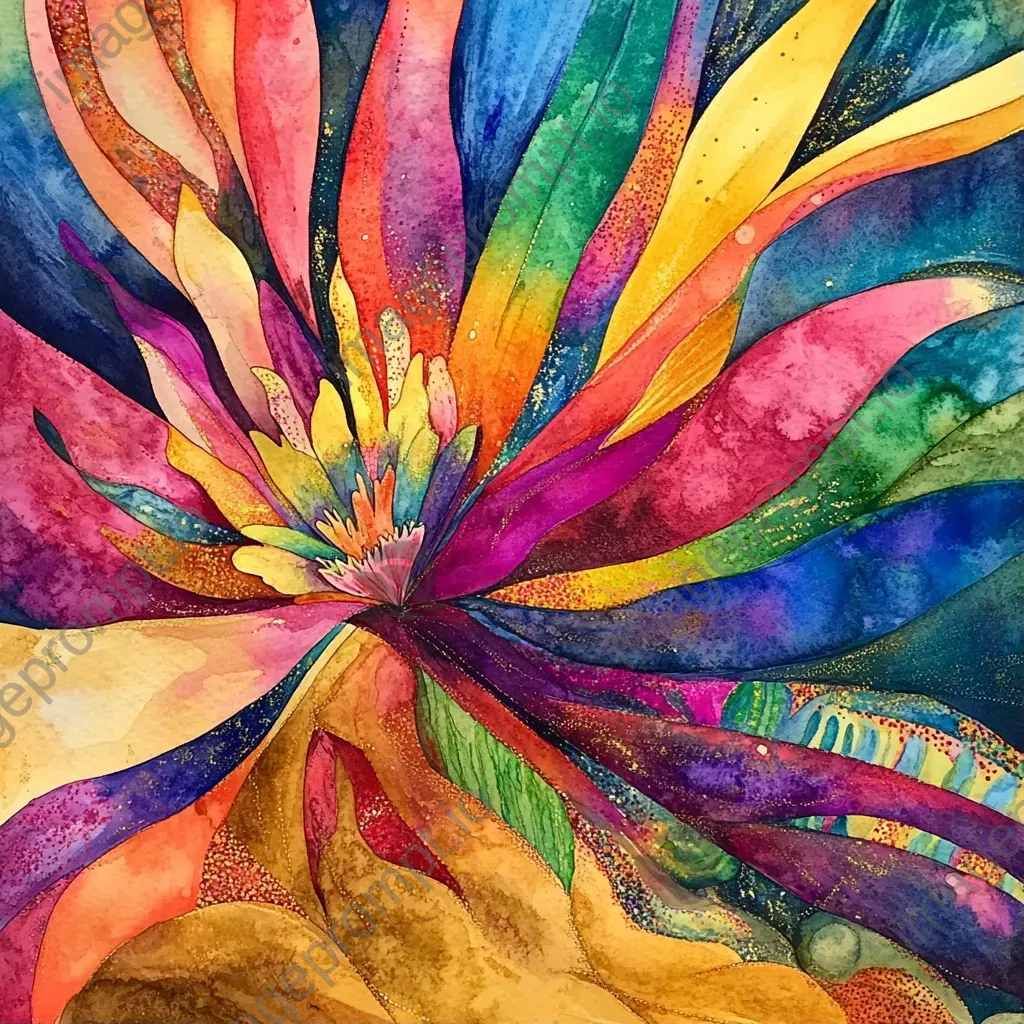 Watercolor and ink depiction of a blooming desert post rainfall - Image 1