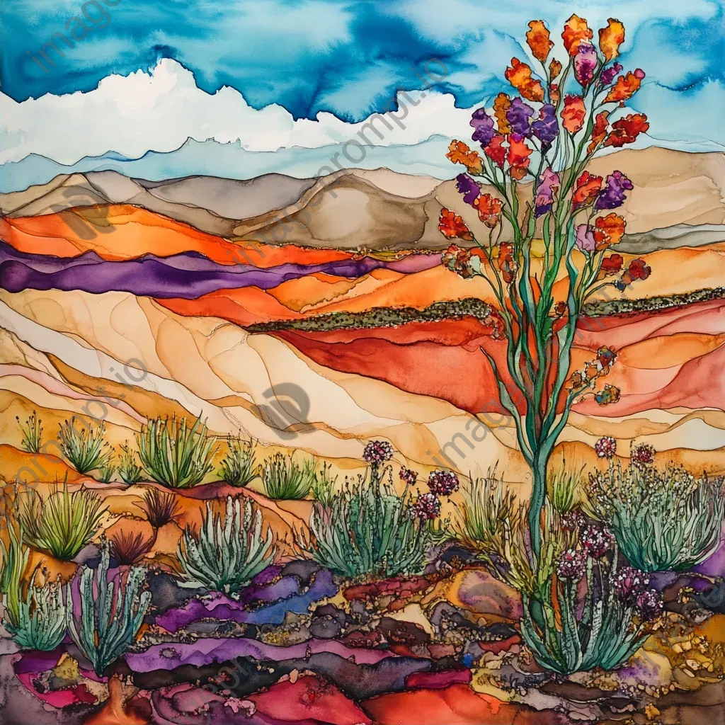 Watercolor and ink depiction of a blooming desert post rainfall - Image 2