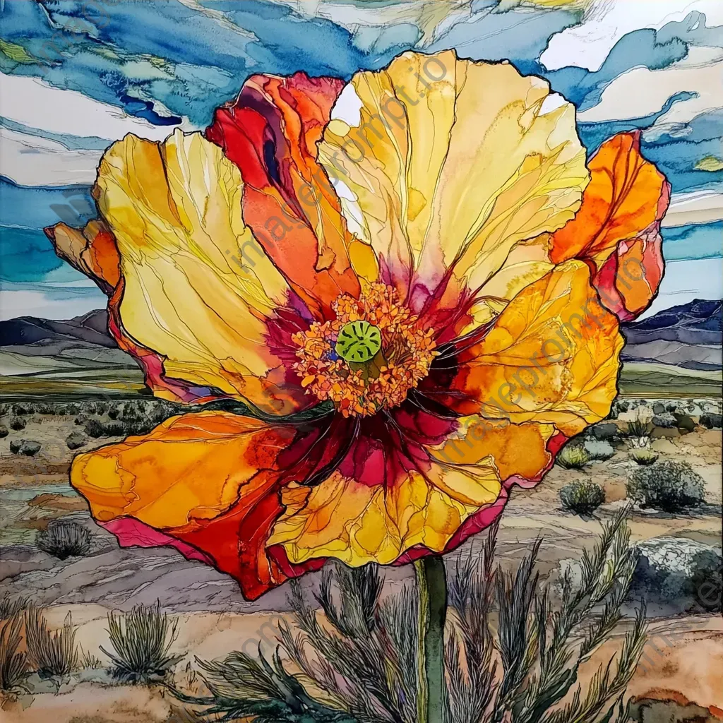 Watercolor and ink depiction of a blooming desert post rainfall - Image 3