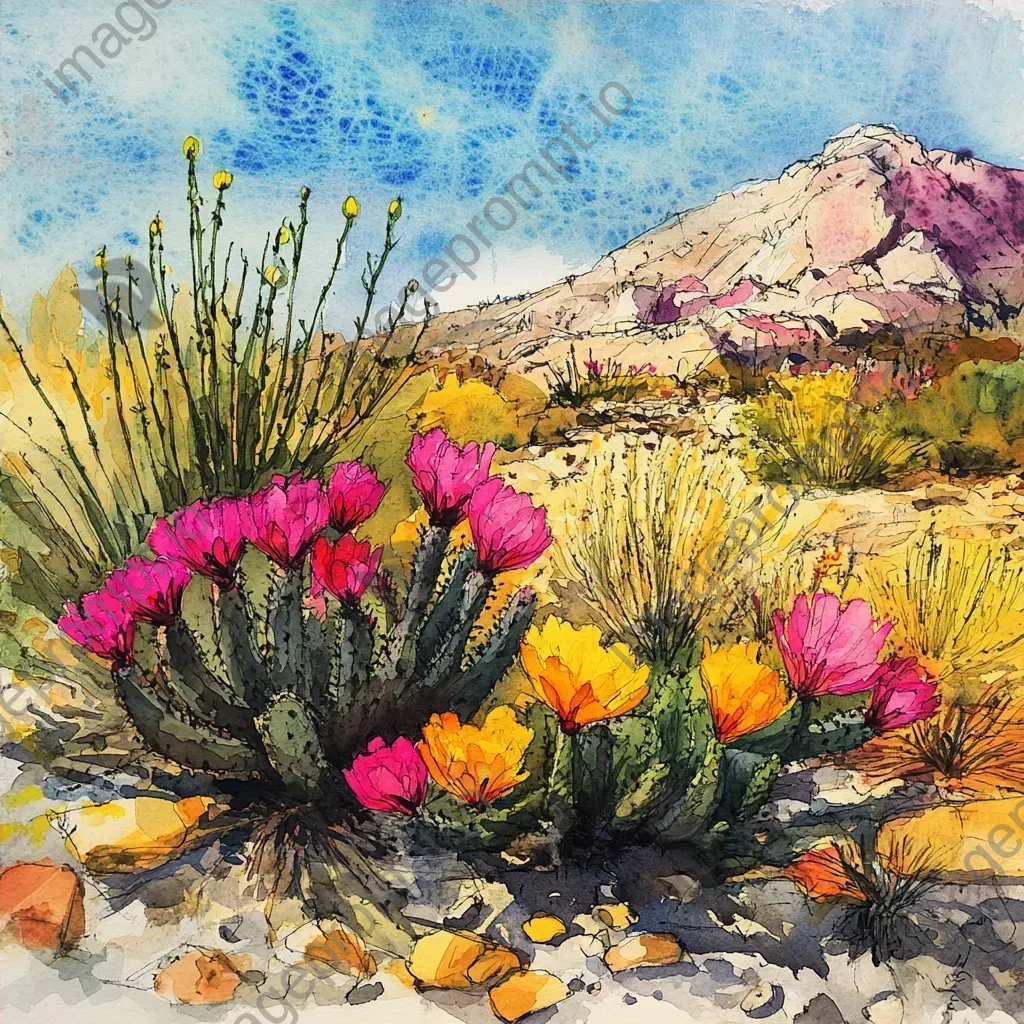 Watercolor and ink depiction of a blooming desert post rainfall - Image 4