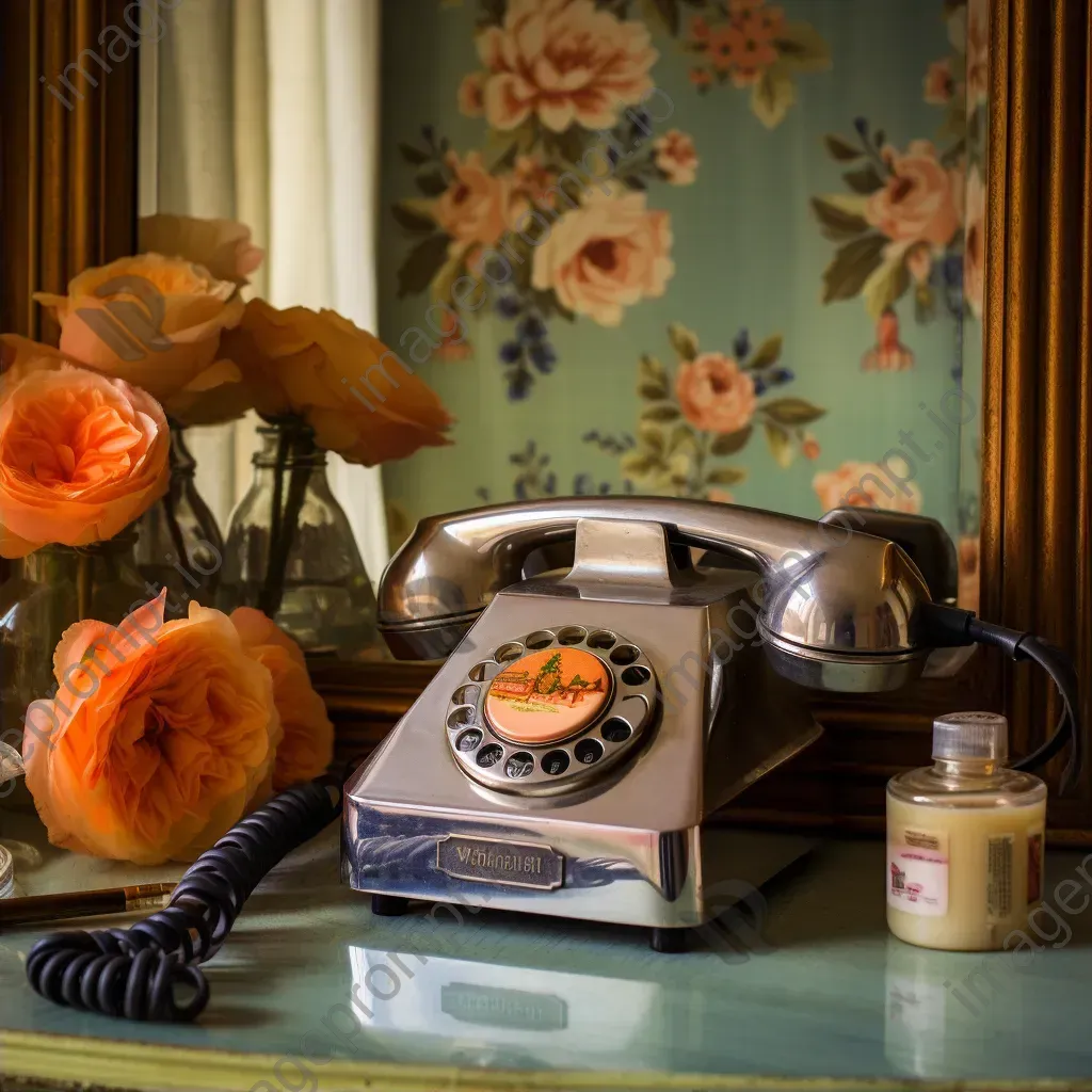 Retro rotary phone, antique mirror, and vintage perfume bottles on a vanity table - Image 2