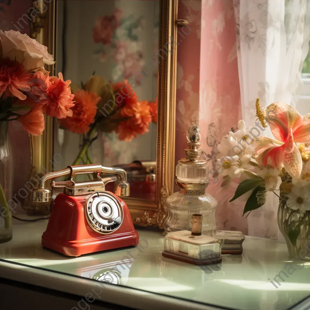 Retro rotary phone, antique mirror, and vintage perfume bottles on a vanity table - Image 3