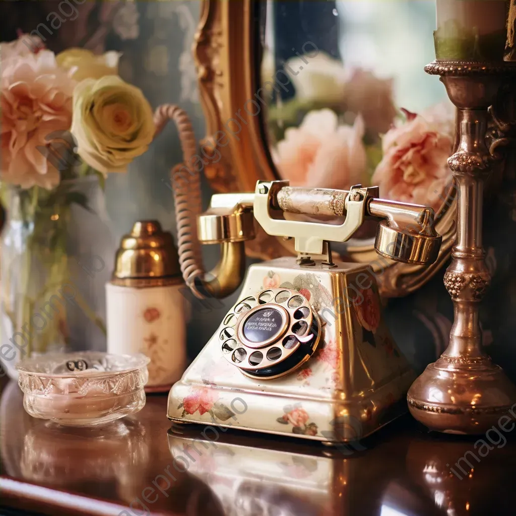 Retro rotary phone, antique mirror, and vintage perfume bottles on a vanity table - Image 4