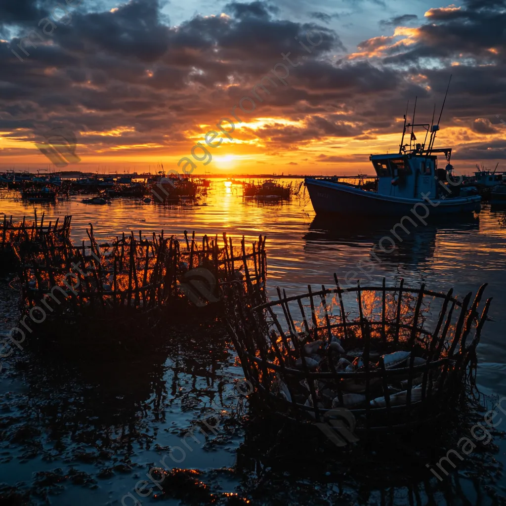 Silhouettes of oyster beds and boats at sunset - Image 1