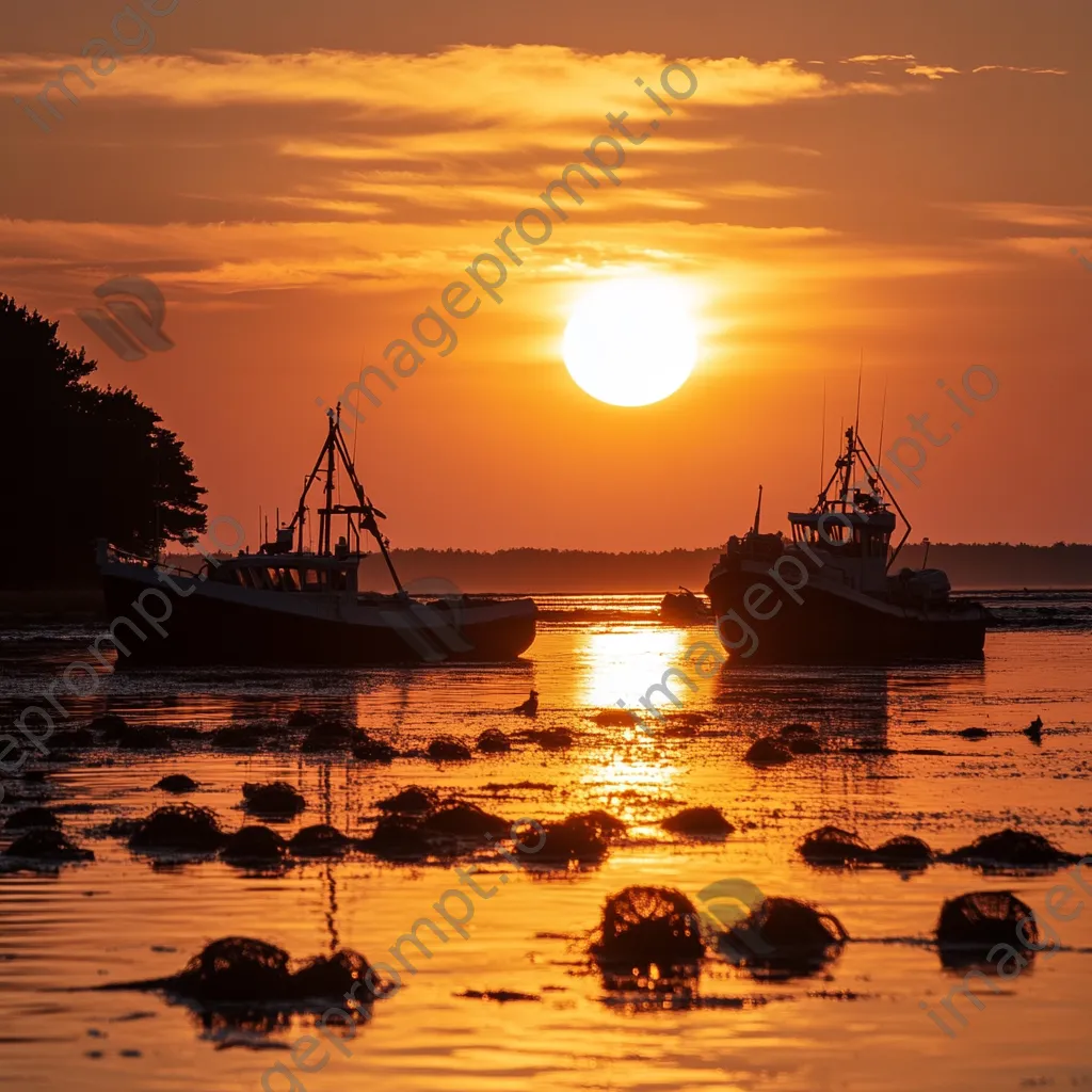 Silhouettes of oyster beds and boats at sunset - Image 2