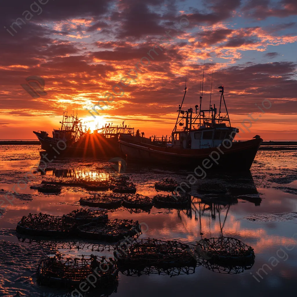 Silhouettes of oyster beds and boats at sunset - Image 3