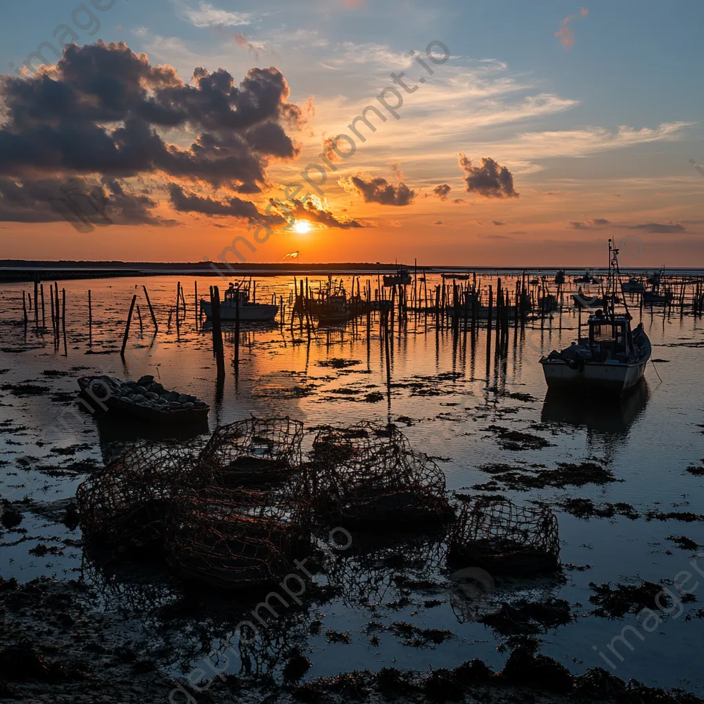 Silhouettes of oyster beds and boats at sunset - Image 4