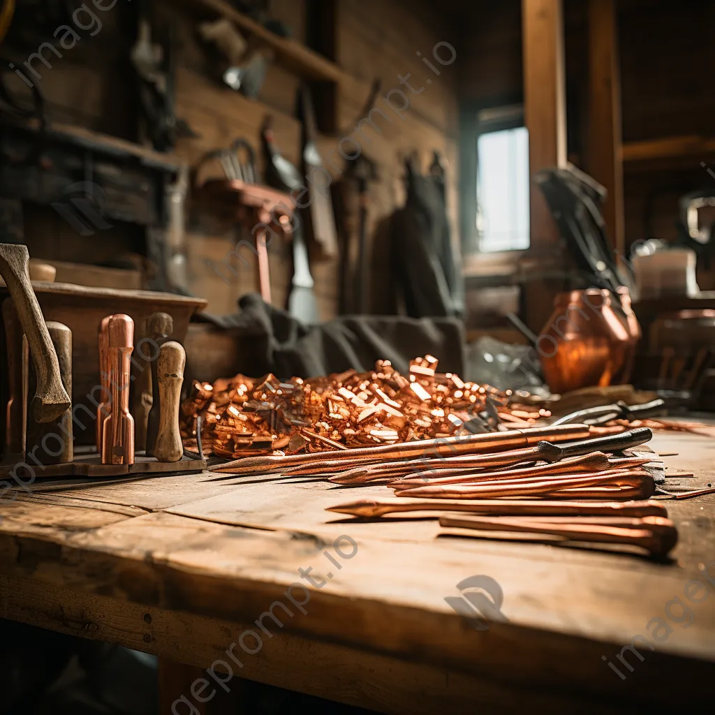 Close-up of copper tools on a weathered workbench - Image 1