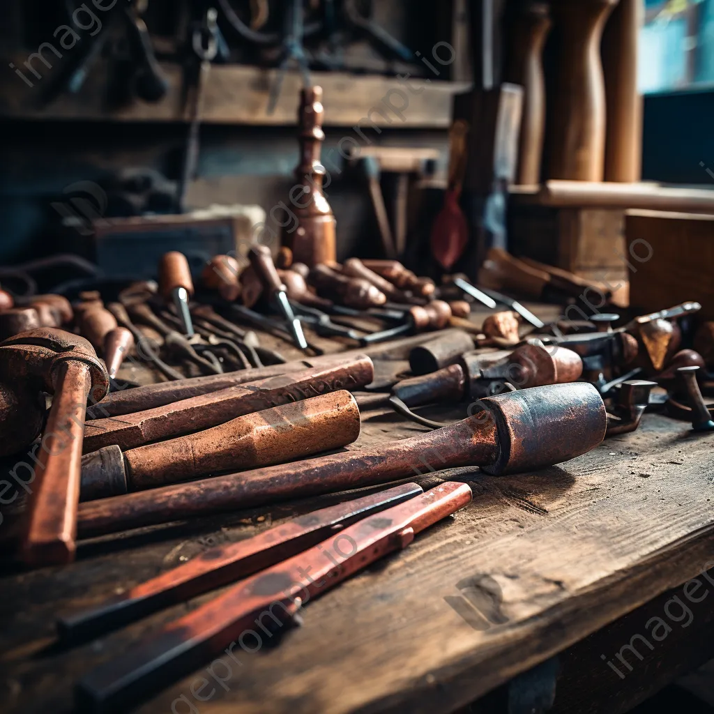 Close-up of copper tools on a weathered workbench - Image 2