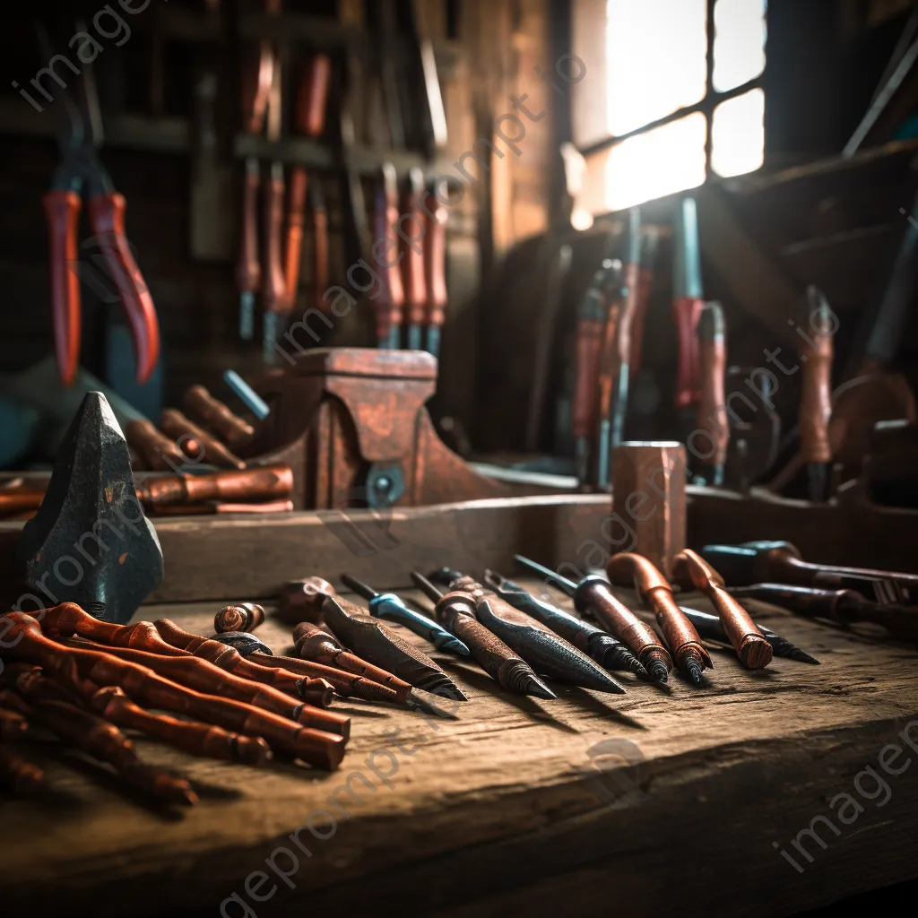 Close-up of copper tools on a weathered workbench - Image 3