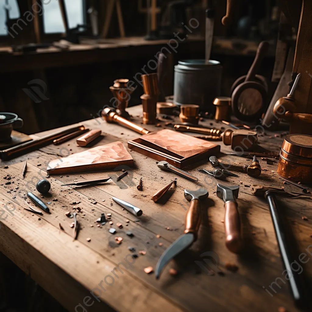 Close-up of copper tools on a weathered workbench - Image 4