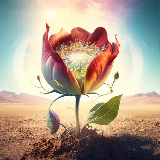 Illustration of a seed sprouting into a fully bloomed flower against a sunny backdrop in an image generated by a prompt. - Image 1