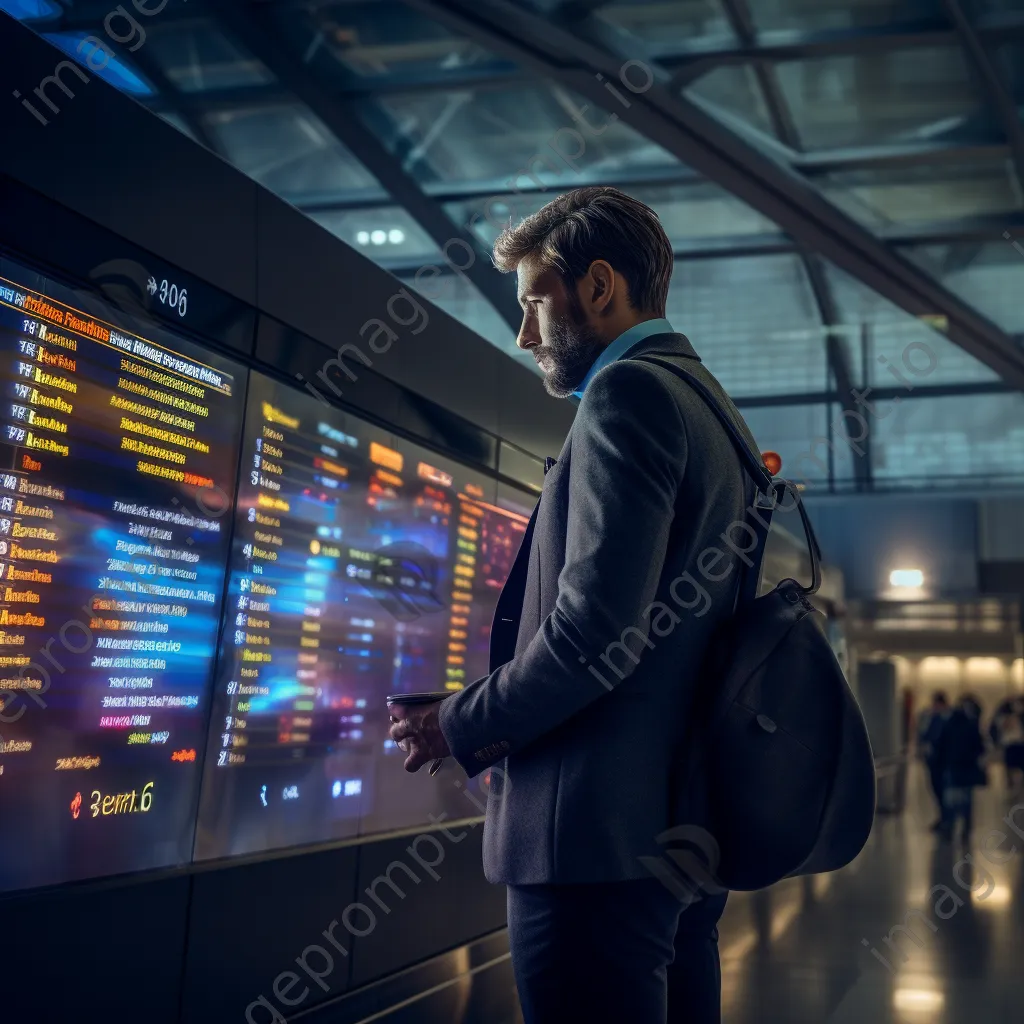 Traveler looking at watch by airport departure board. - Image 1