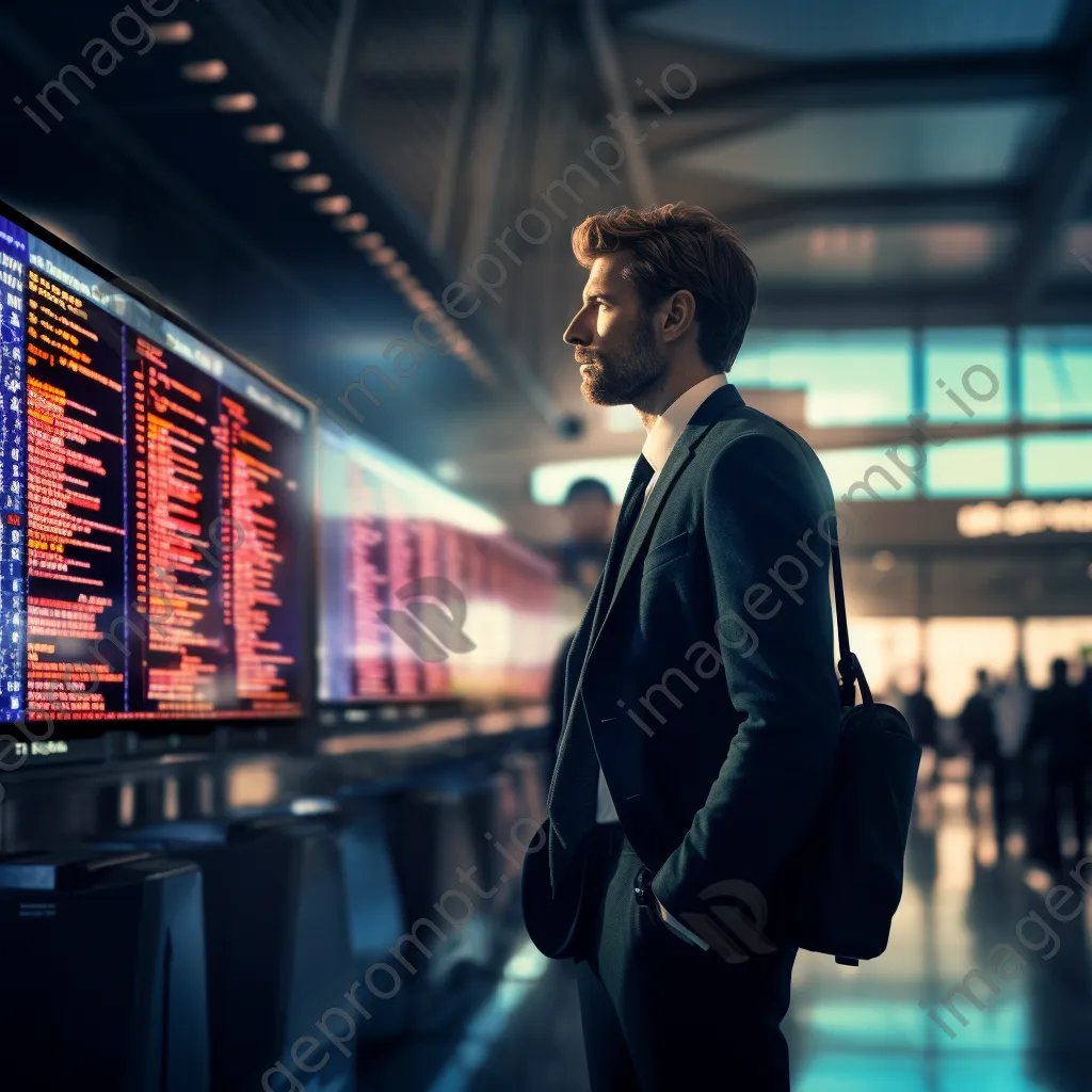 Traveler looking at watch by airport departure board. - Image 2