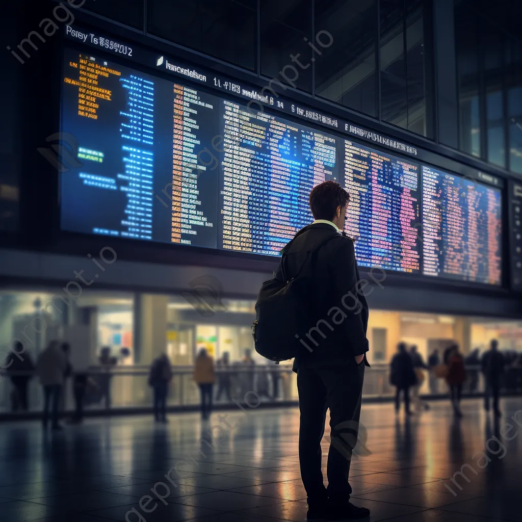 Traveler looking at watch by airport departure board. - Image 4