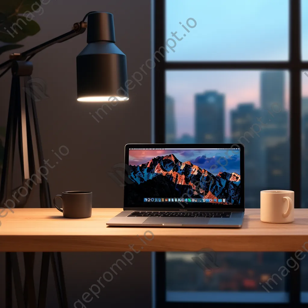 A minimalist desk setup with a laptop and coffee cup in soft light - Image 2