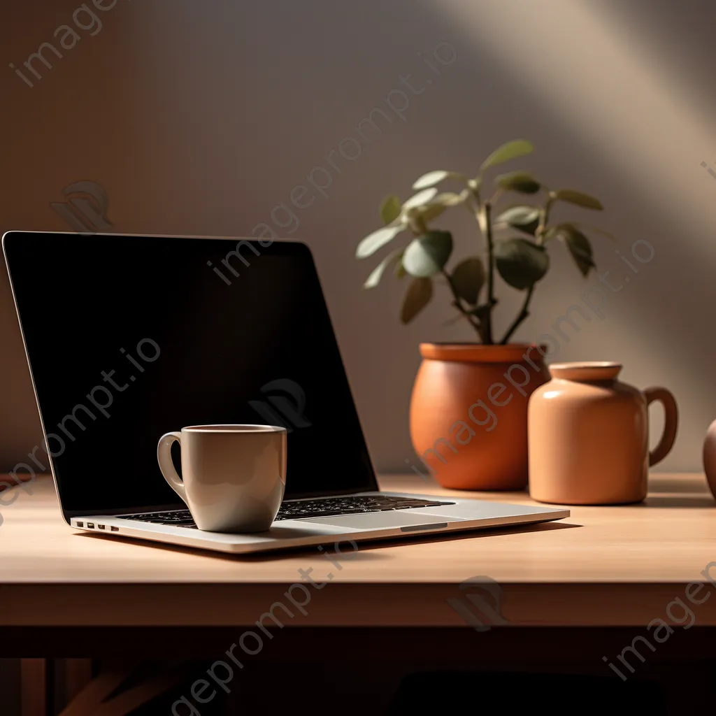 A minimalist desk setup with a laptop and coffee cup in soft light - Image 3