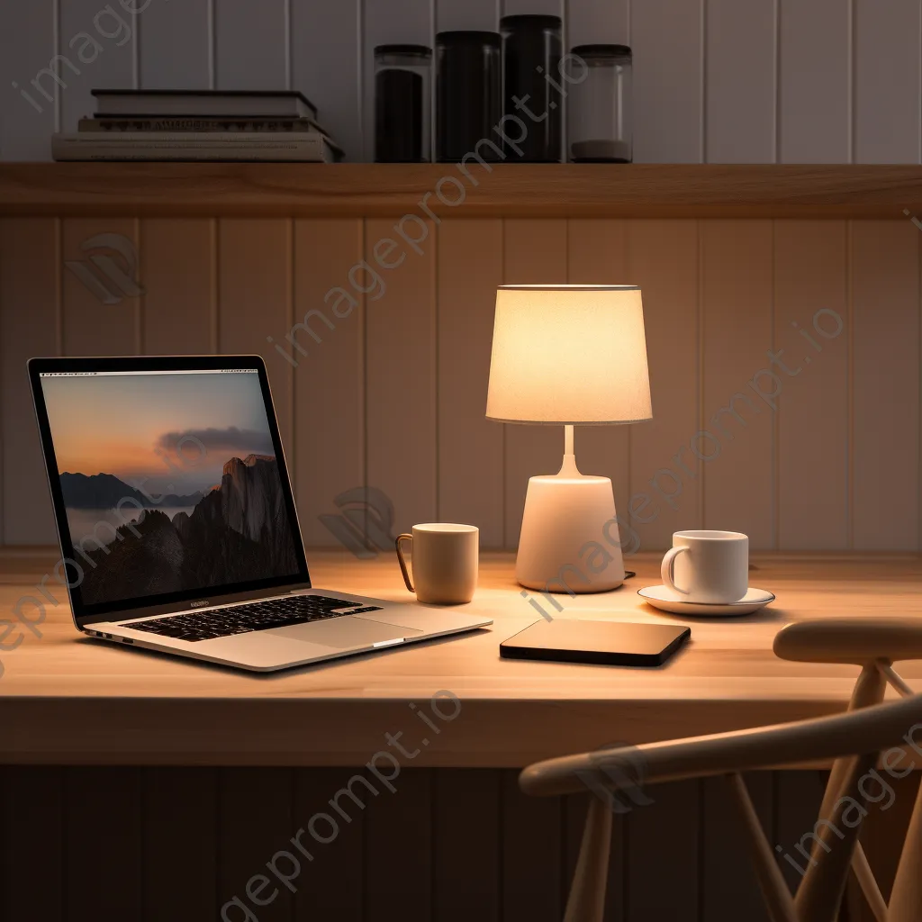 A minimalist desk setup with a laptop and coffee cup in soft light - Image 4