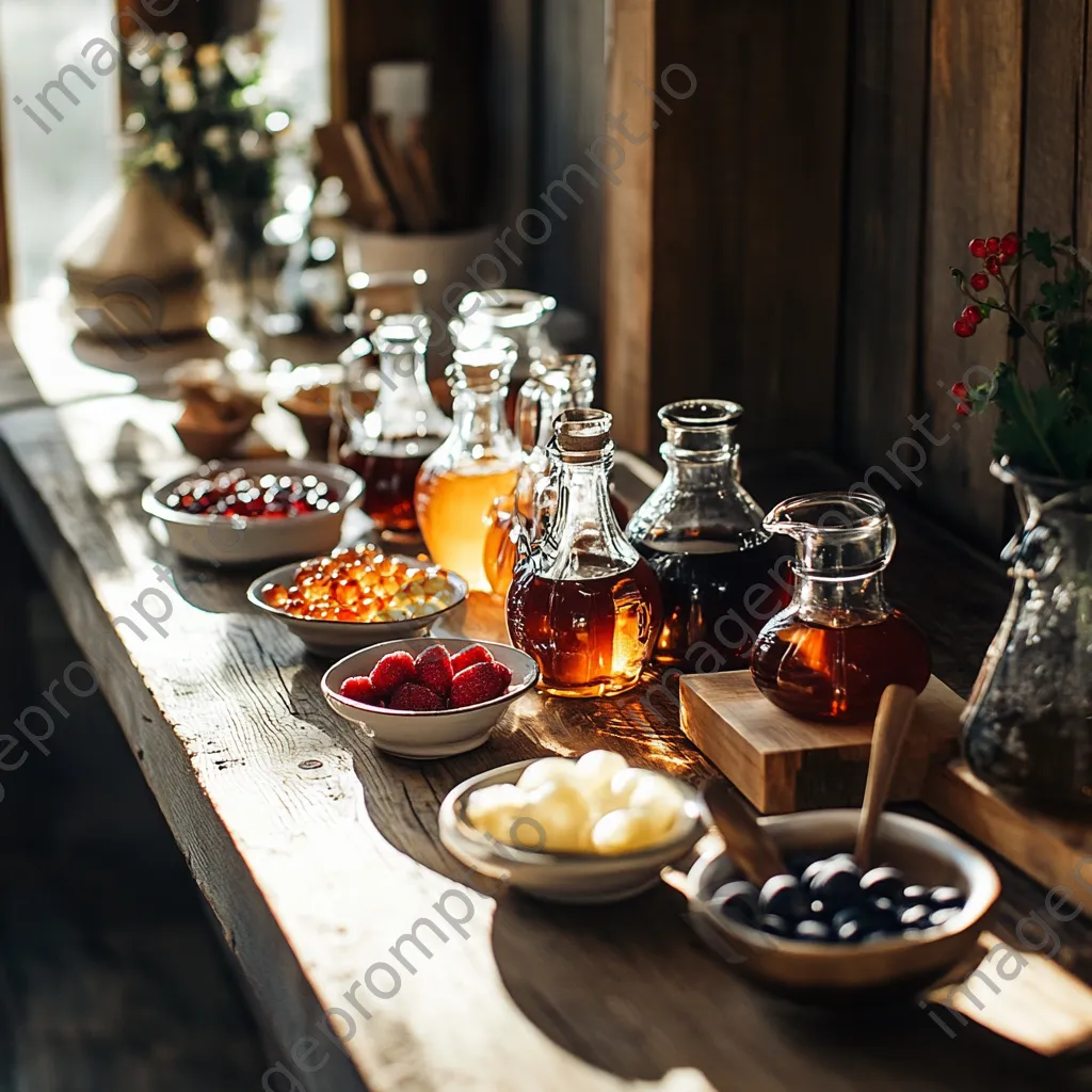 Assortment of maple syrup products on a wooden table - Image 4