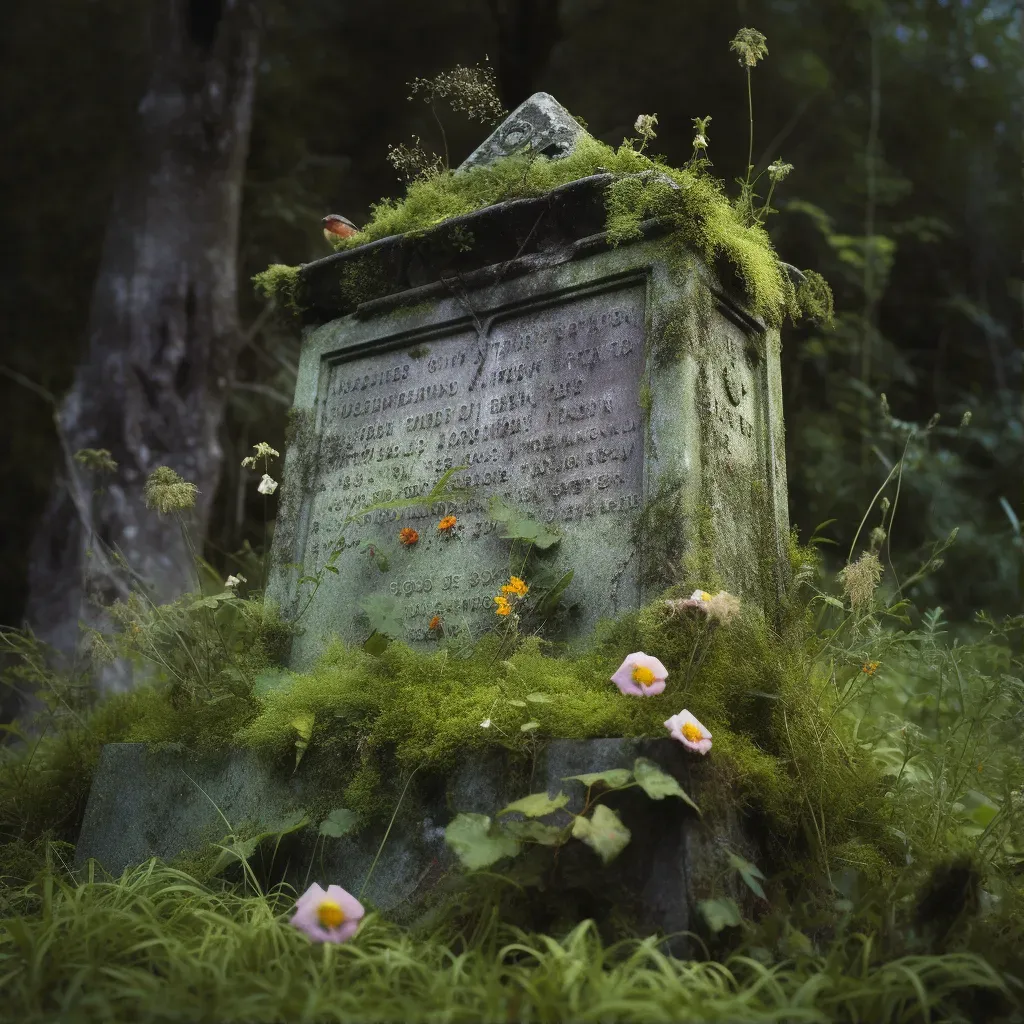 Illustration of a weathered tombstone surrounded by wildflowers and birds - Image 1