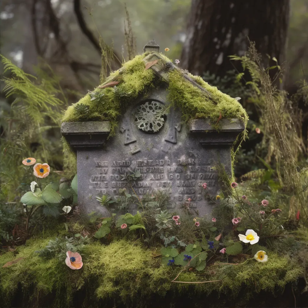 Illustration of a weathered tombstone surrounded by wildflowers and birds - Image 2