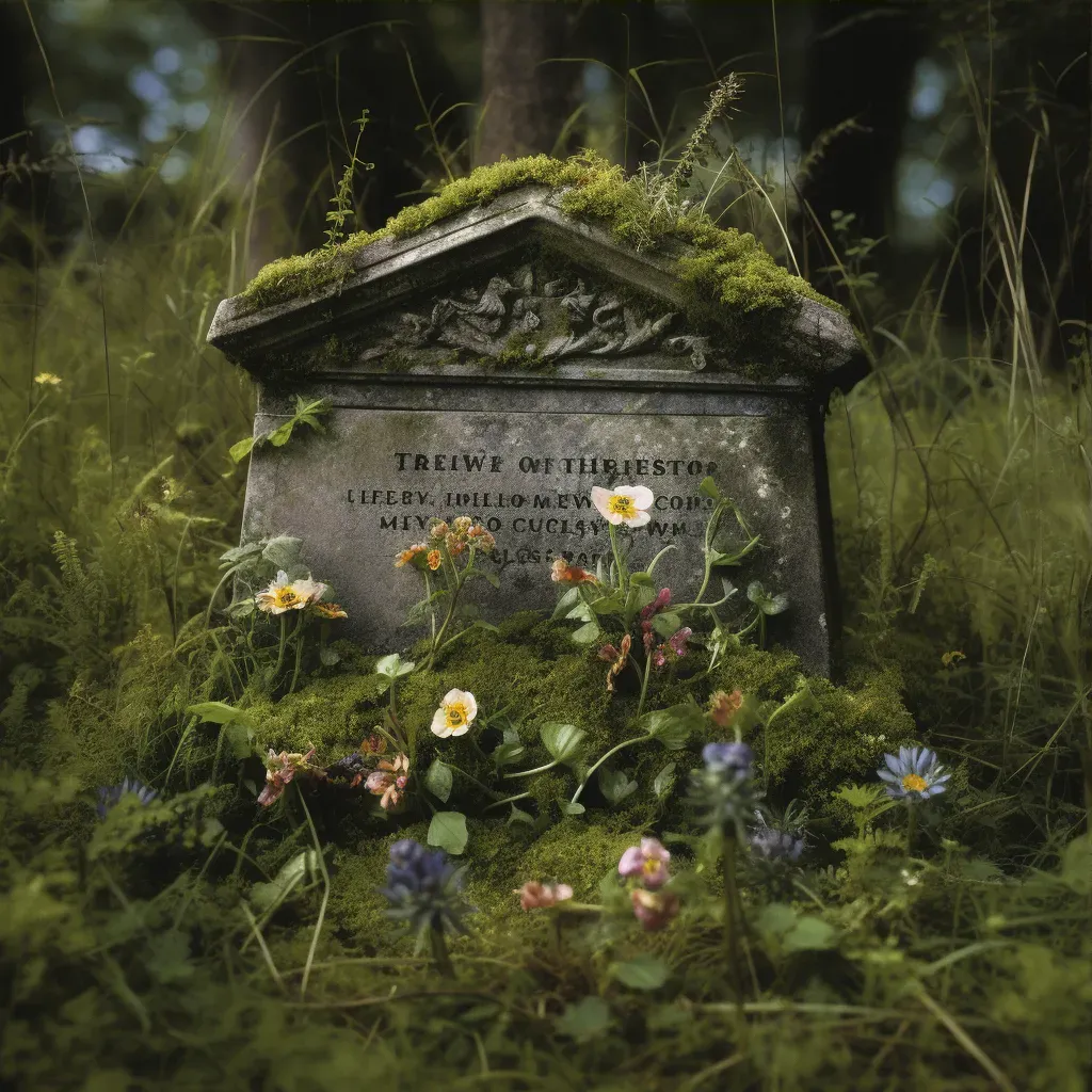 Illustration of a weathered tombstone surrounded by wildflowers and birds - Image 3