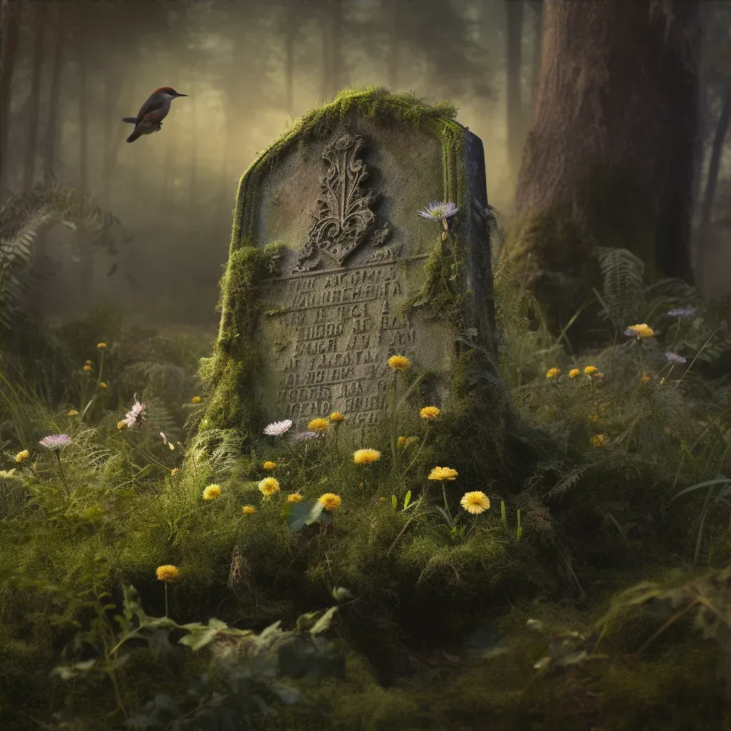 Illustration of a weathered tombstone surrounded by wildflowers and birds - Image 4