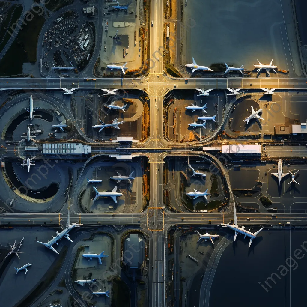 Aerial view of an airport with aircraft and ground vehicles - Image 1