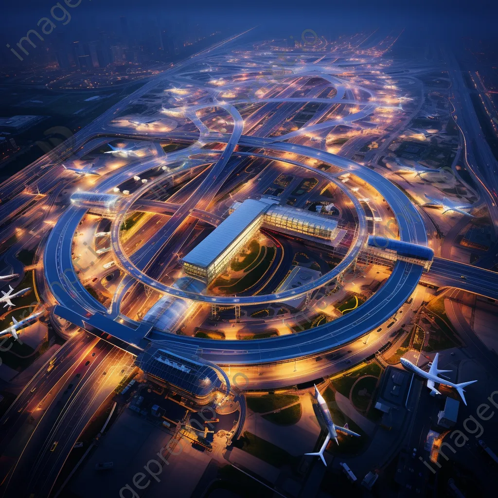 Aerial view of an airport with aircraft and ground vehicles - Image 2