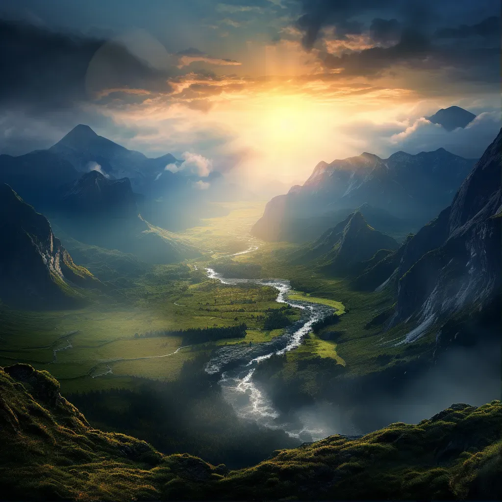 Misty mountain valley illuminated by first light at dawn - Image 1